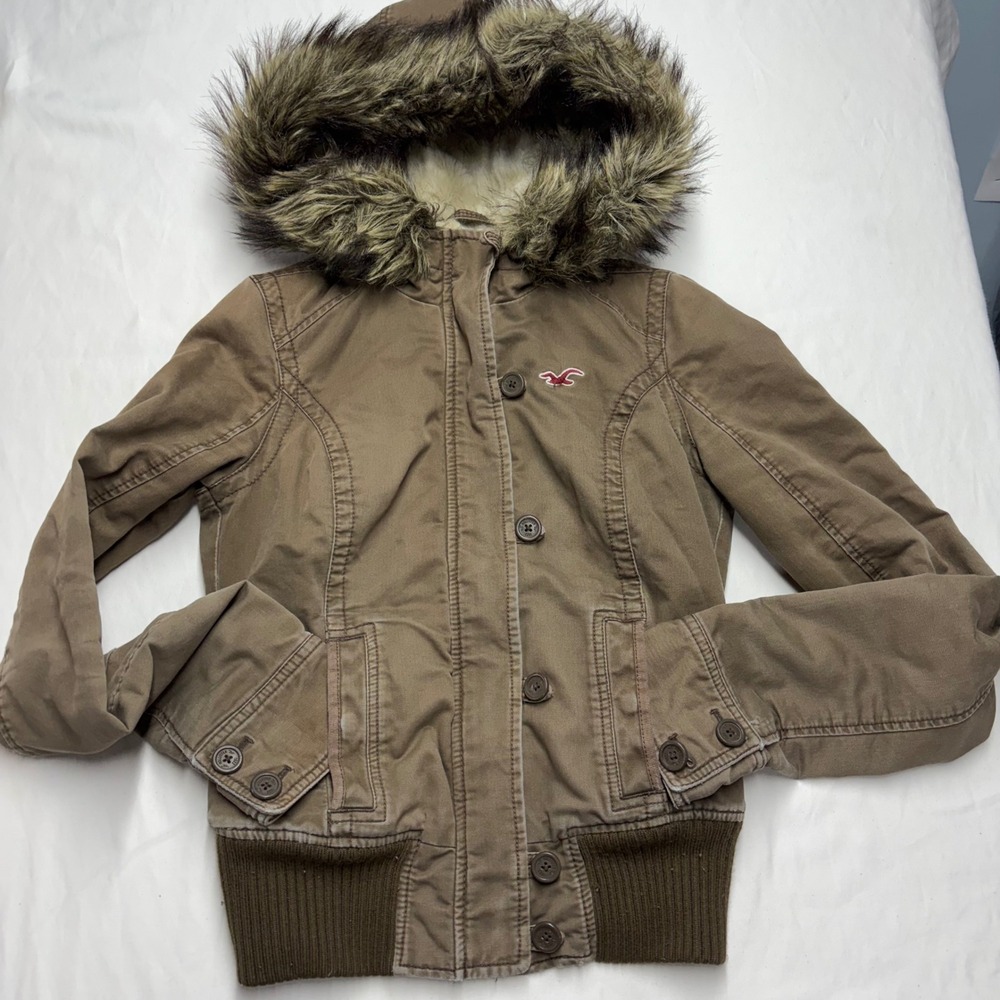 Y2K Vintage Hollister Womens Medium Brown Canvas Bomber Jacket Fur lined Hood